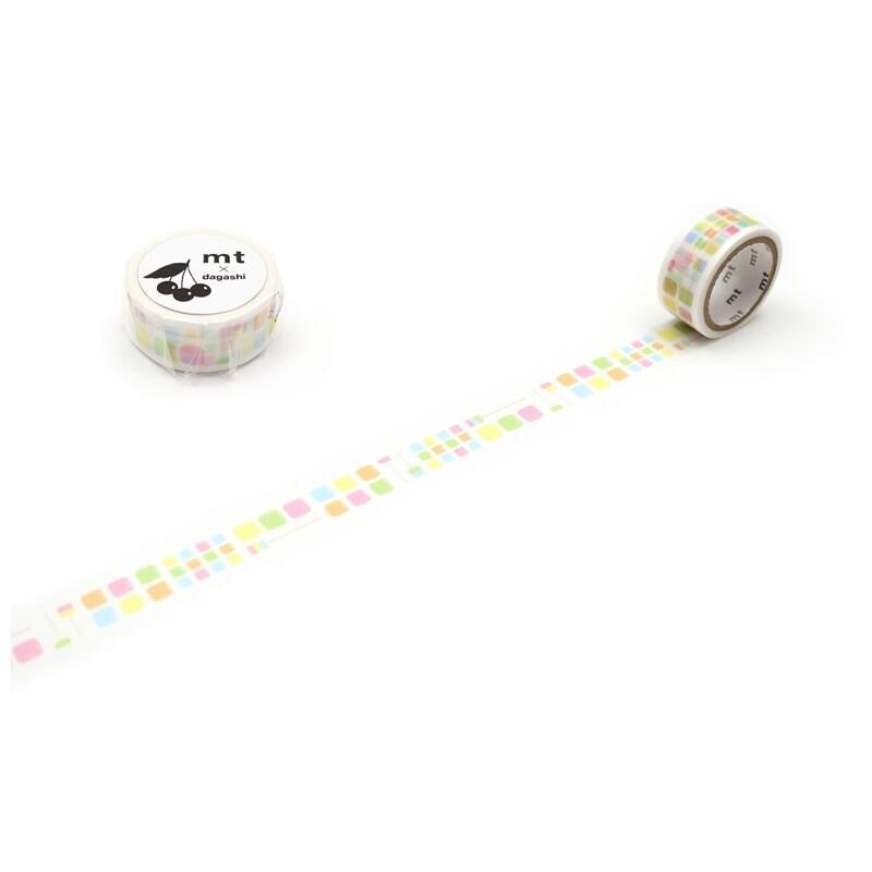 a roll of colorful patterned tape and a small container with a cherry design on it, both placed on a white background.