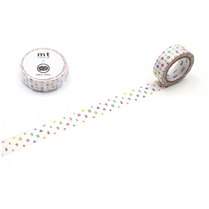 a roll of colorful number-themed tape and a roll of plain white tape, both with the brand name "mt" printed on them.