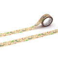 a roll of tape with a pattern of green and brown animals, such as birds and insects, on it.