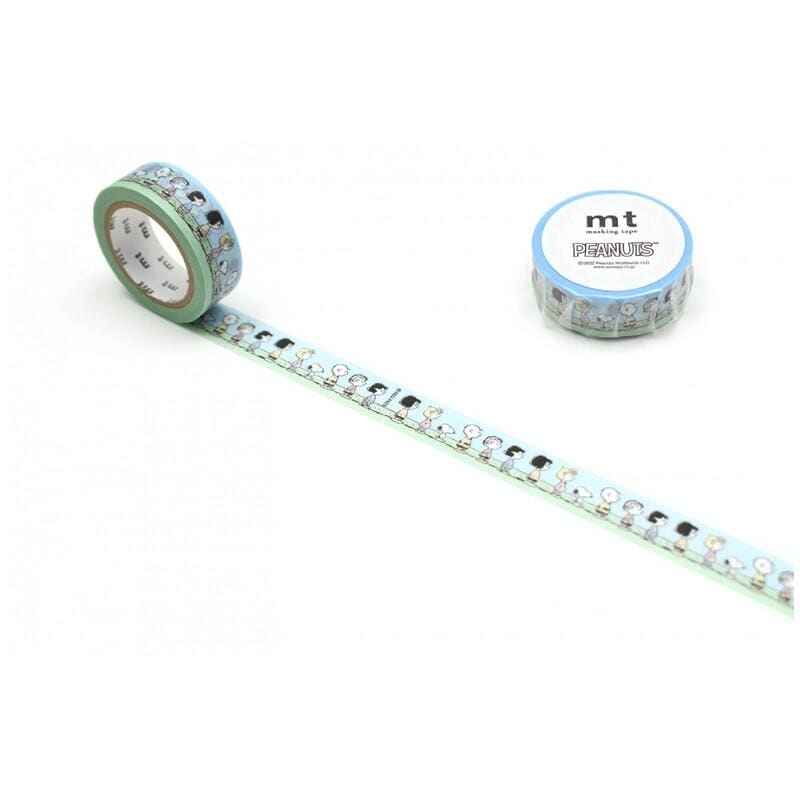 a roll of Peanuts themed tape with a blue and green color scheme, and a small blue and white container of the same tape.