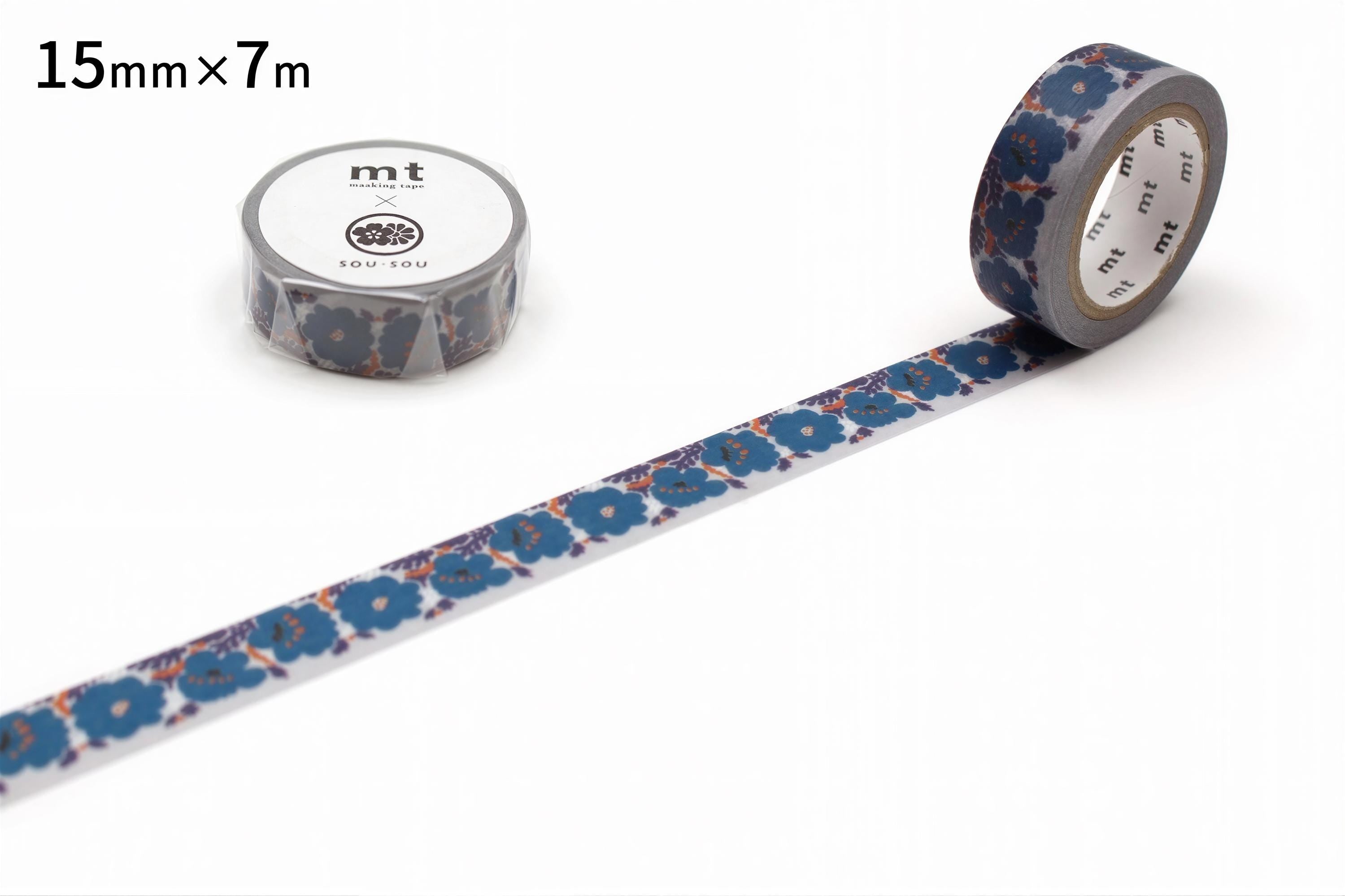 a roll of blue and white patterned tape with a floral design, placed next to a roll of tape with a similar floral design.